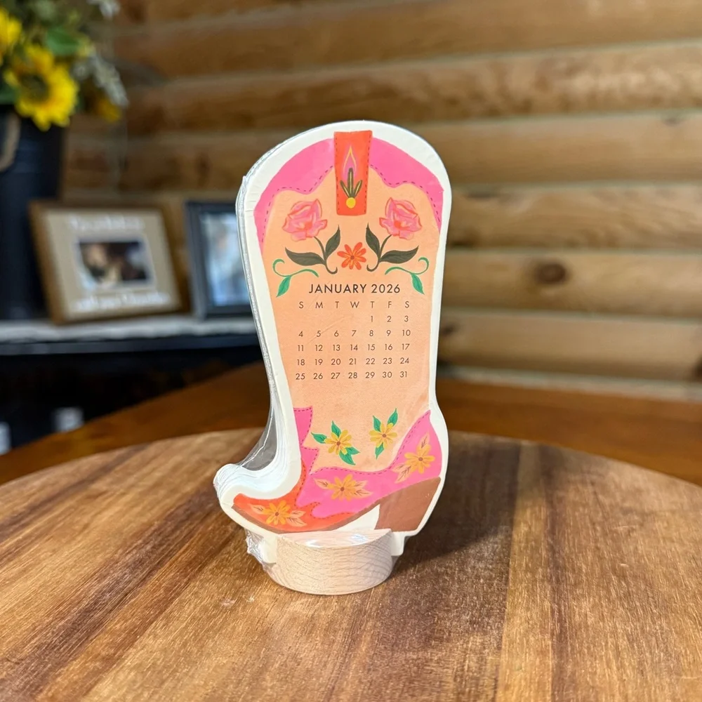 PINK COWGIRL BOOT 2026 Monthly Desk Calendar